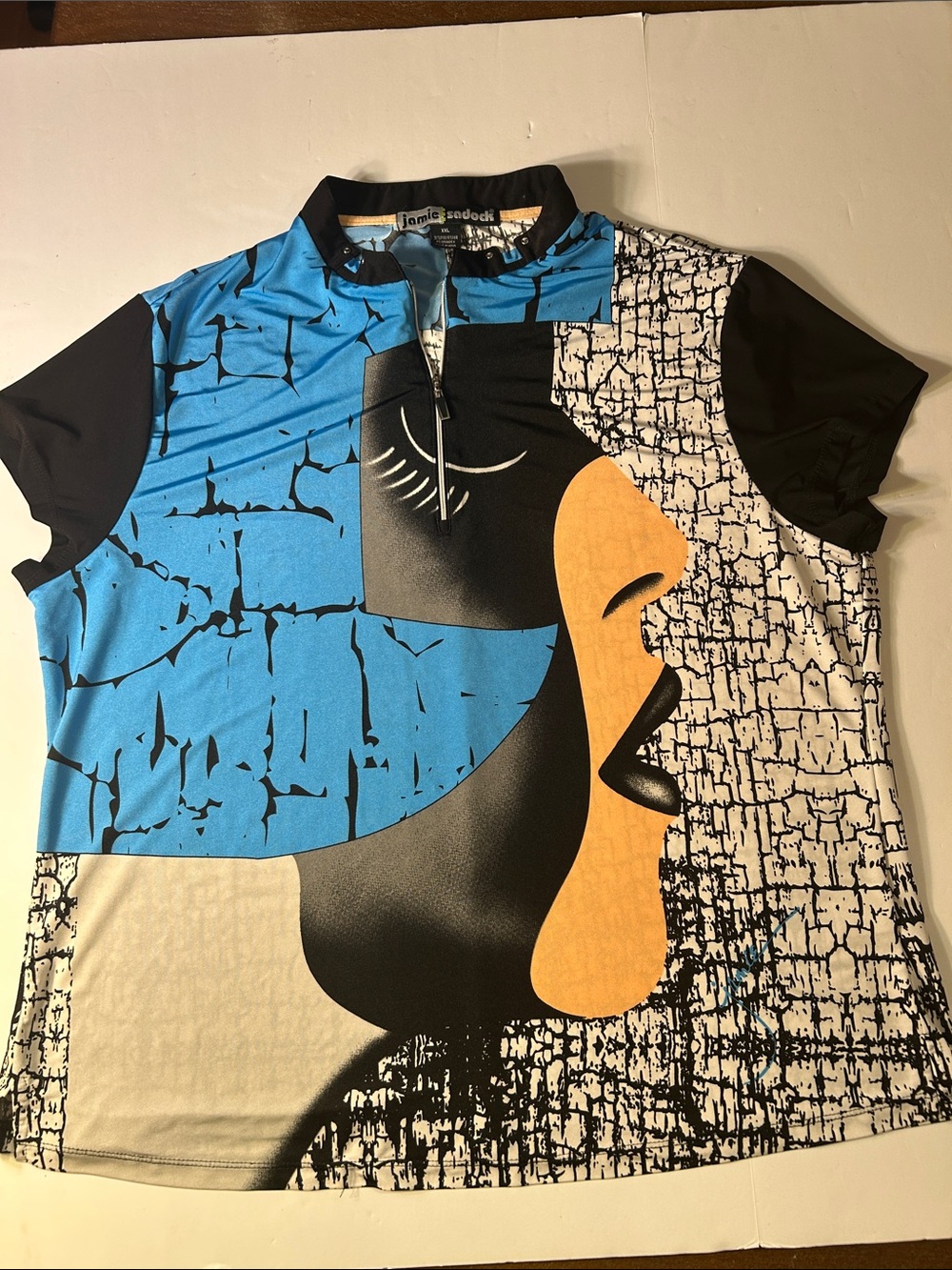 jamie sadock Blue Black White Pop Art Graphic Face Short-Sleeve Golf Top XXL
